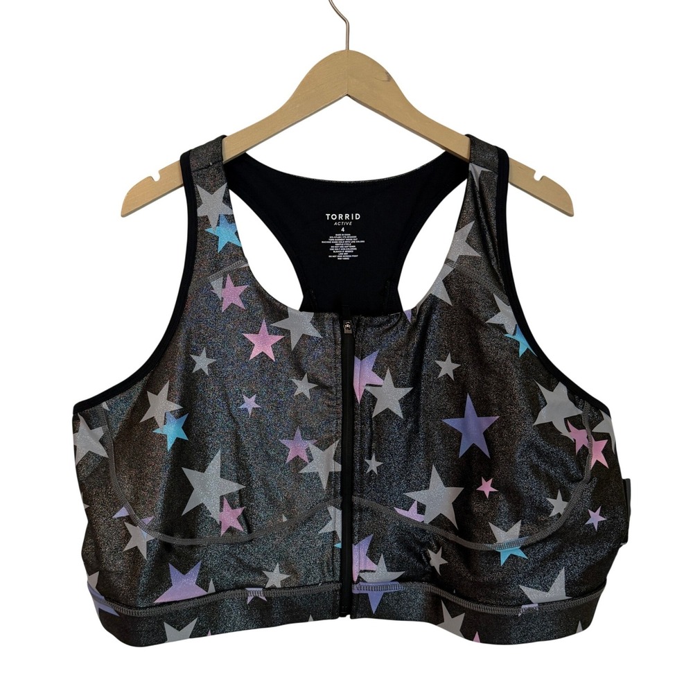 Torrid Active Grey Metallic Star Sports bra size 4X Shine Zip Front Sporty NEW